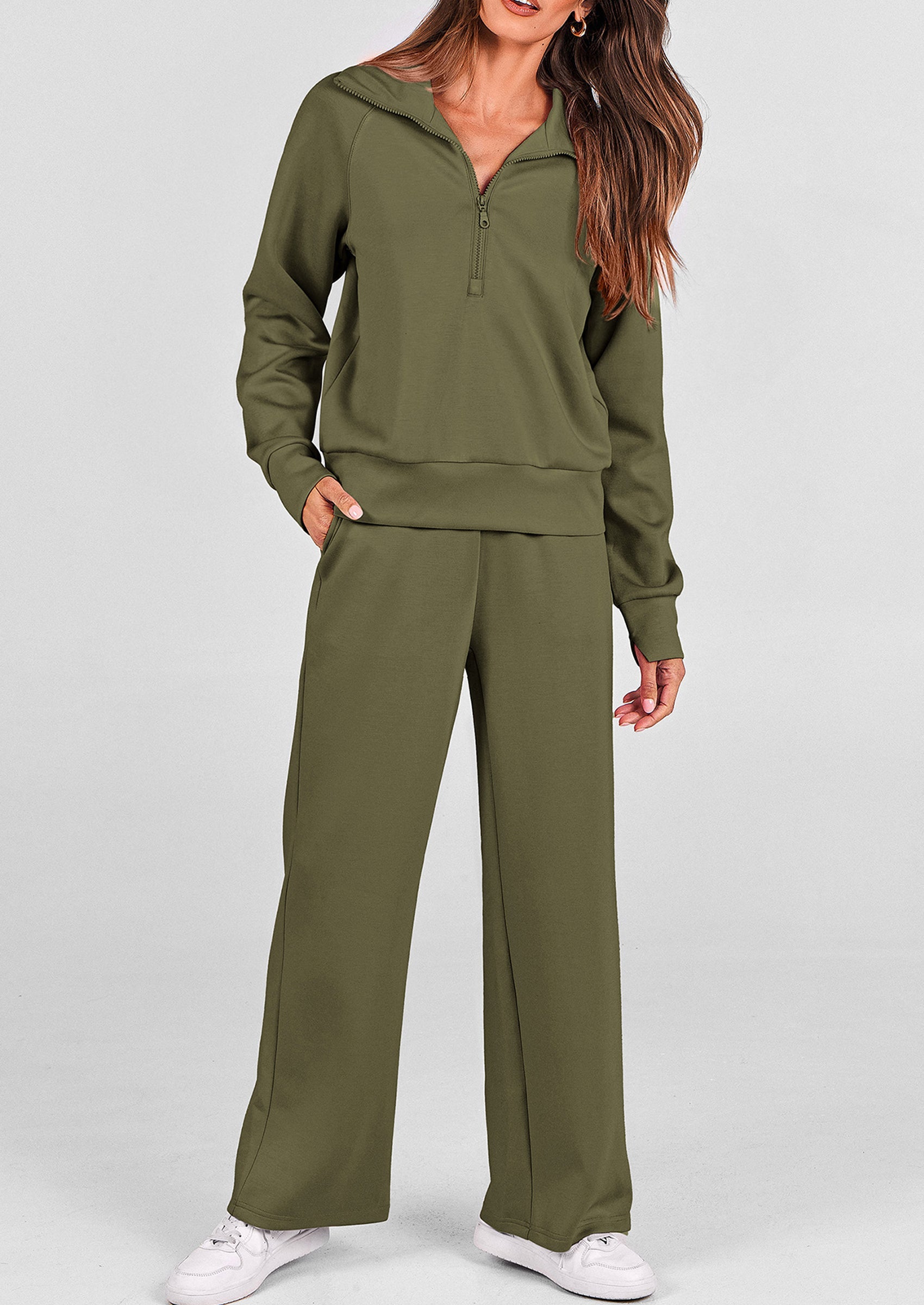 Women's 2 Piece Outfits Casual Lapel Half Zip Sweatshirts And Wide Leg Pants Tracksuit Sets
