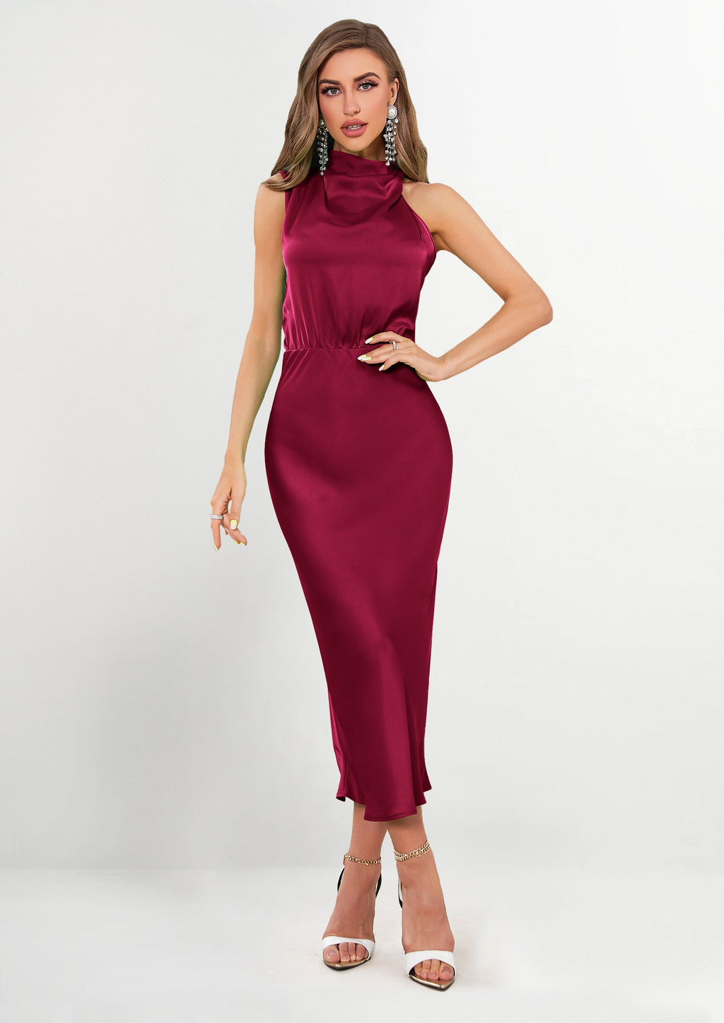 Women's Summer Satin Dress Elegant Sleeveless Mock Neck Cocktail Party Maxi Dresses