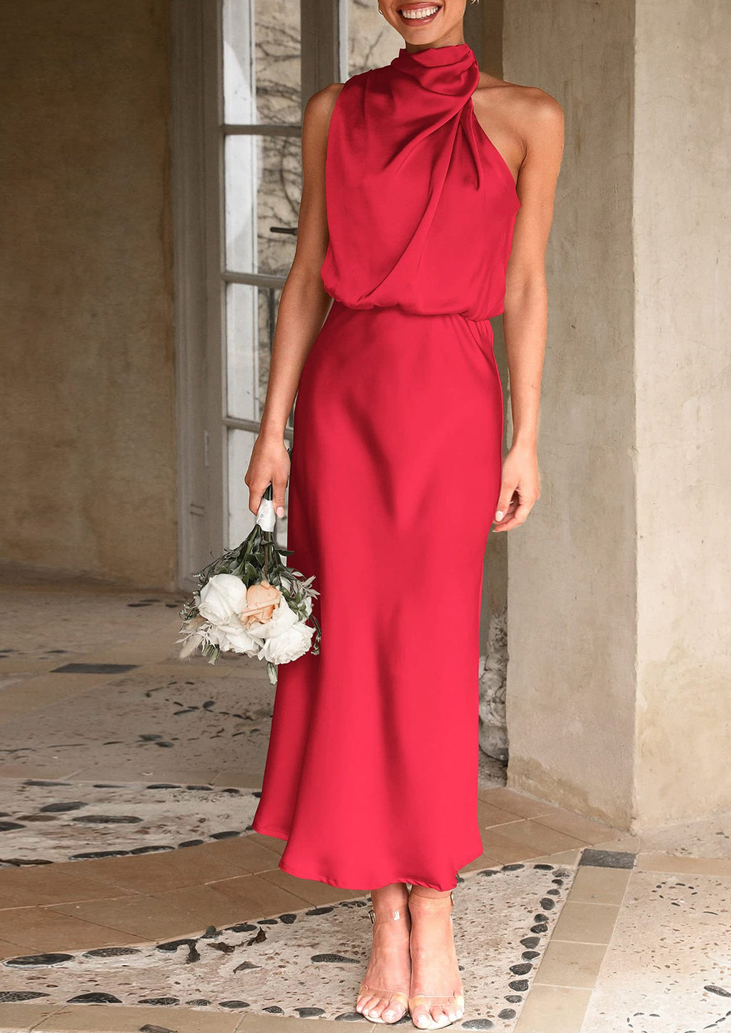 Women's Summer Satin Dress Elegant Sleeveless Mock Neck Cocktail Party Maxi Dresses