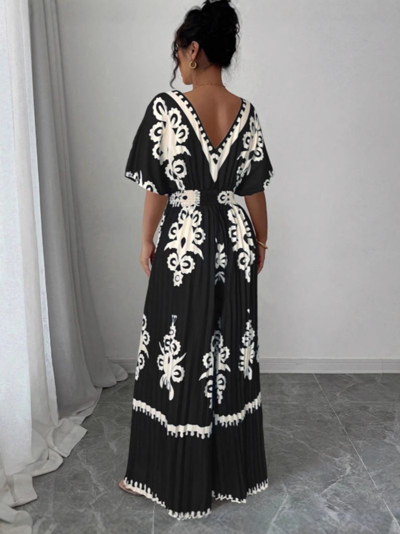 Elenzga Women's Print Batwing Sleeve Deep V Neck Ruched Jumpsuits For Vacation