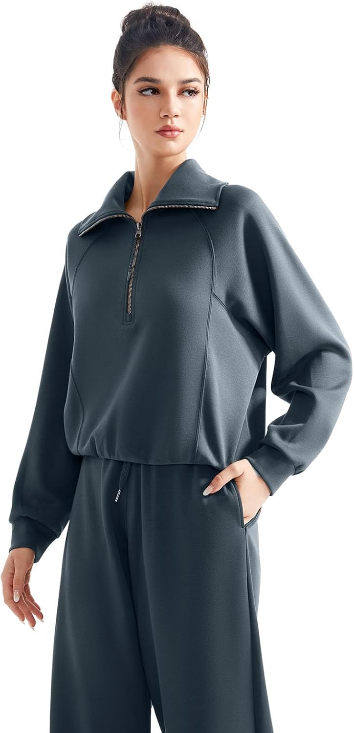 SUUKSESS Women 2 Piece Lounge Matching Set Wide Leg Sweatpant Half Zip Sweatshirt