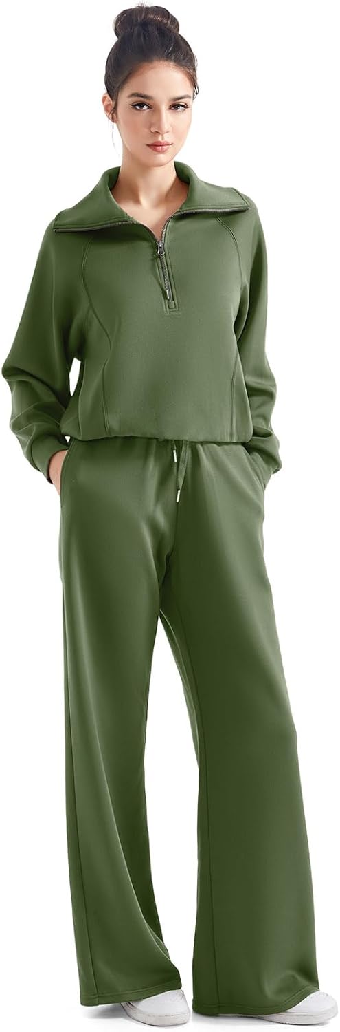 SUUKSESS Women 2 Piece Lounge Matching Set Wide Leg Sweatpant Half Zip Sweatshirt