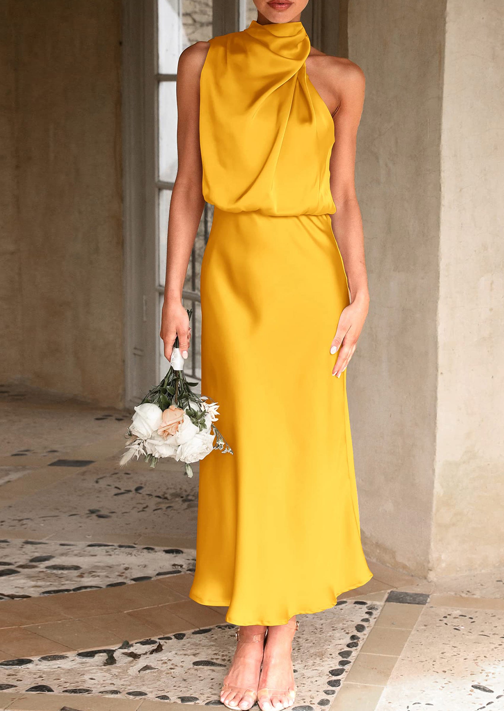 Women's Summer Satin Dress Elegant Sleeveless Mock Neck Cocktail Party Maxi Dresses