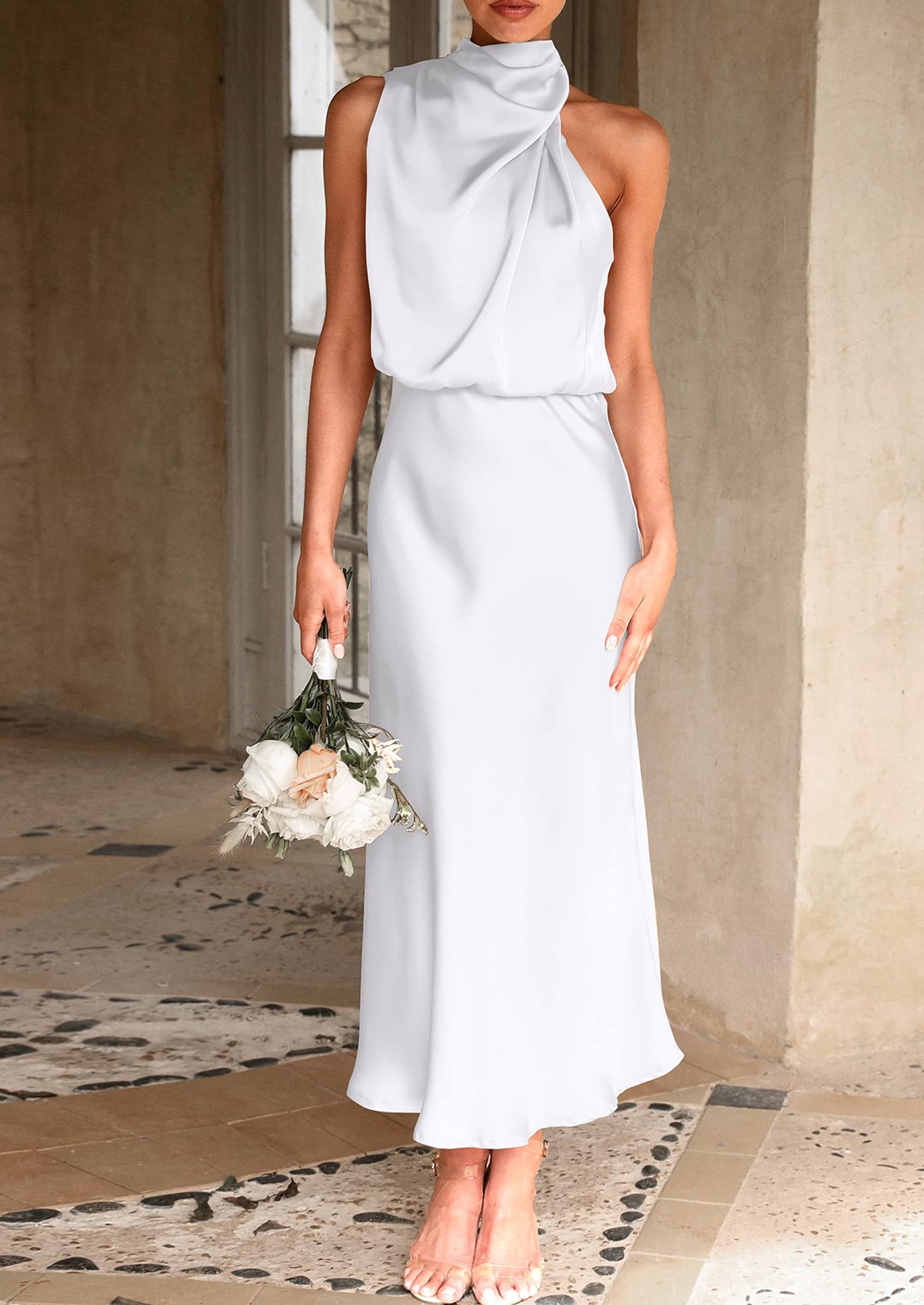 Women's Summer Satin Dress Elegant Sleeveless Mock Neck Cocktail Party Maxi Dresses