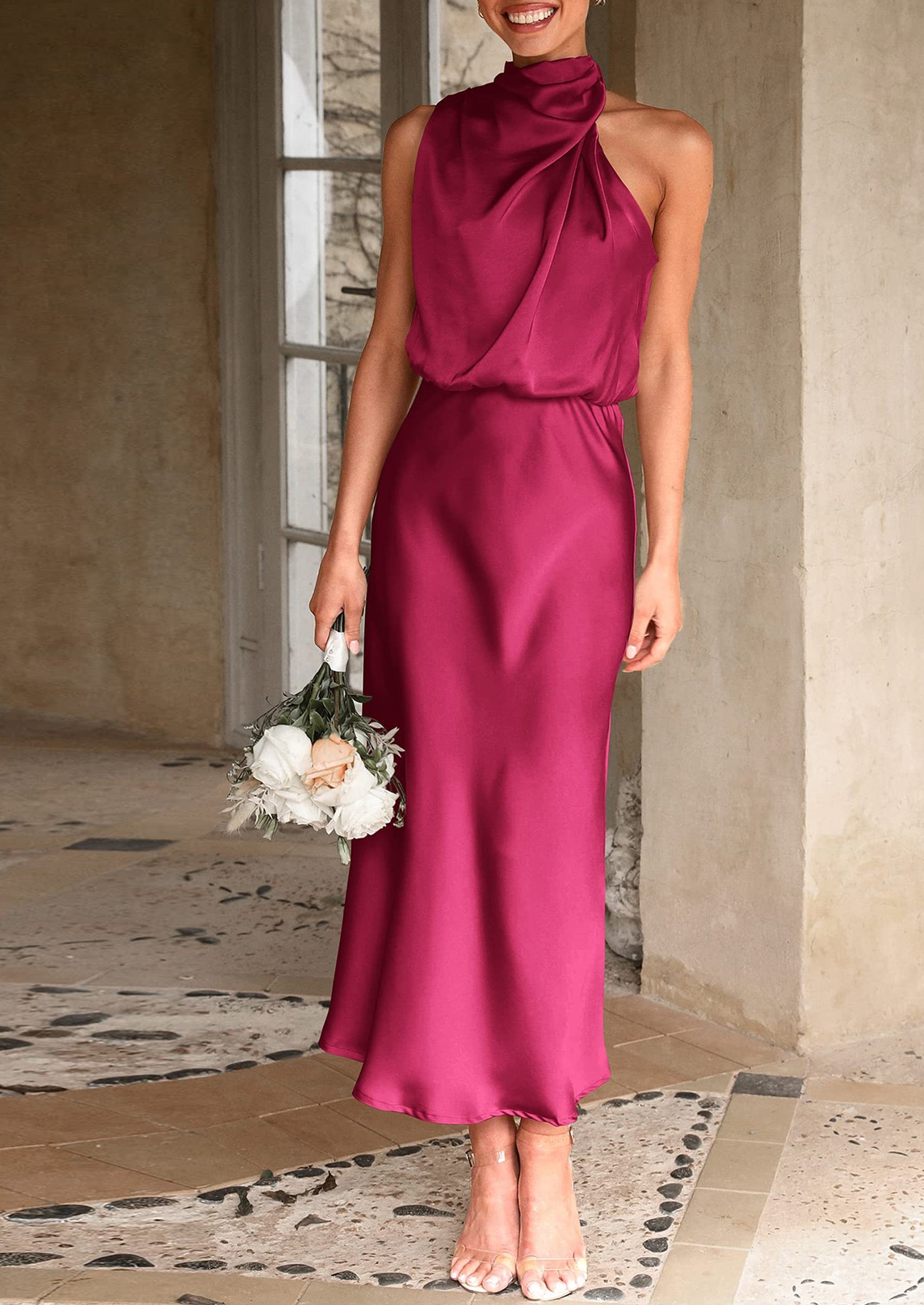 Women's Summer Satin Dress Elegant Sleeveless Mock Neck Cocktail Party Maxi Dresses