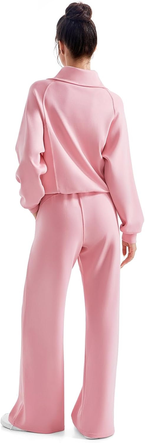 SUUKSESS Women 2 Piece Lounge Matching Set Wide Leg Sweatpant Half Zip Sweatshirt