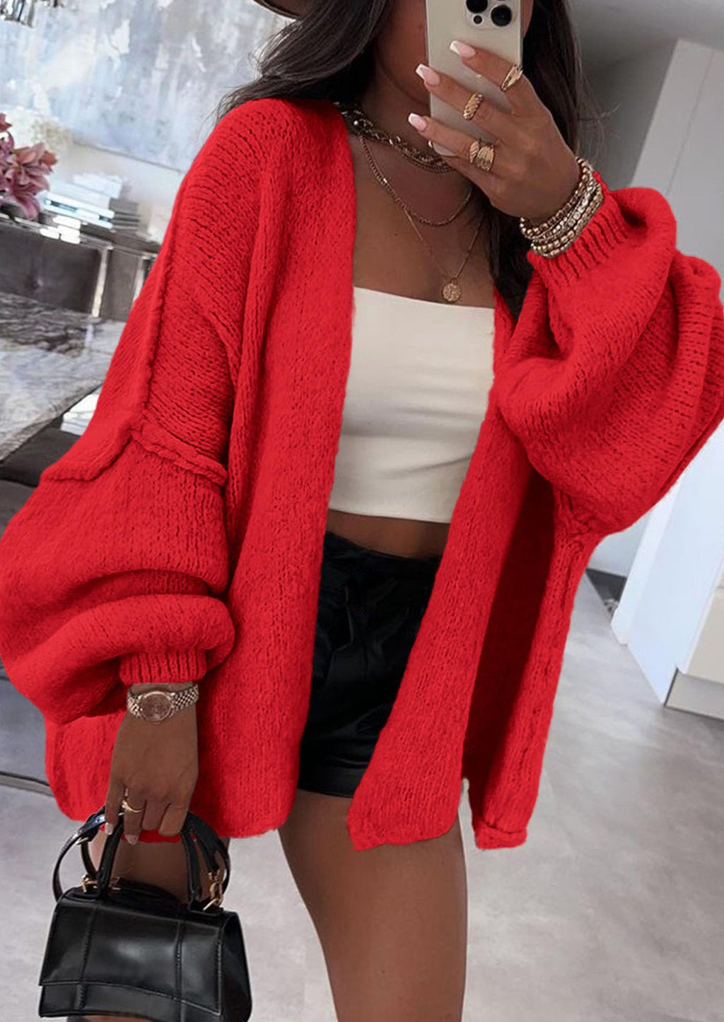 Womens Oversized Cardigan Sweaters Fall Long Lantern Sleeve Knit Open Front Lightweight Sweater