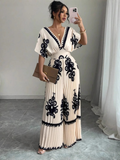 Elenzga Women's Print Batwing Sleeve Deep V Neck Ruched Jumpsuits For Vacation