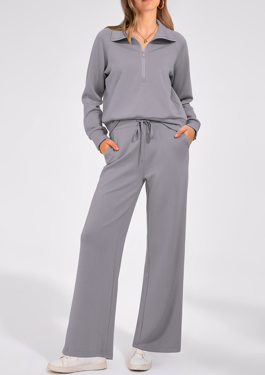 Women's 2 Piece Outfits Casual Lapel Half Zip Sweatshirts And Wide Leg Pants Tracksuit Sets