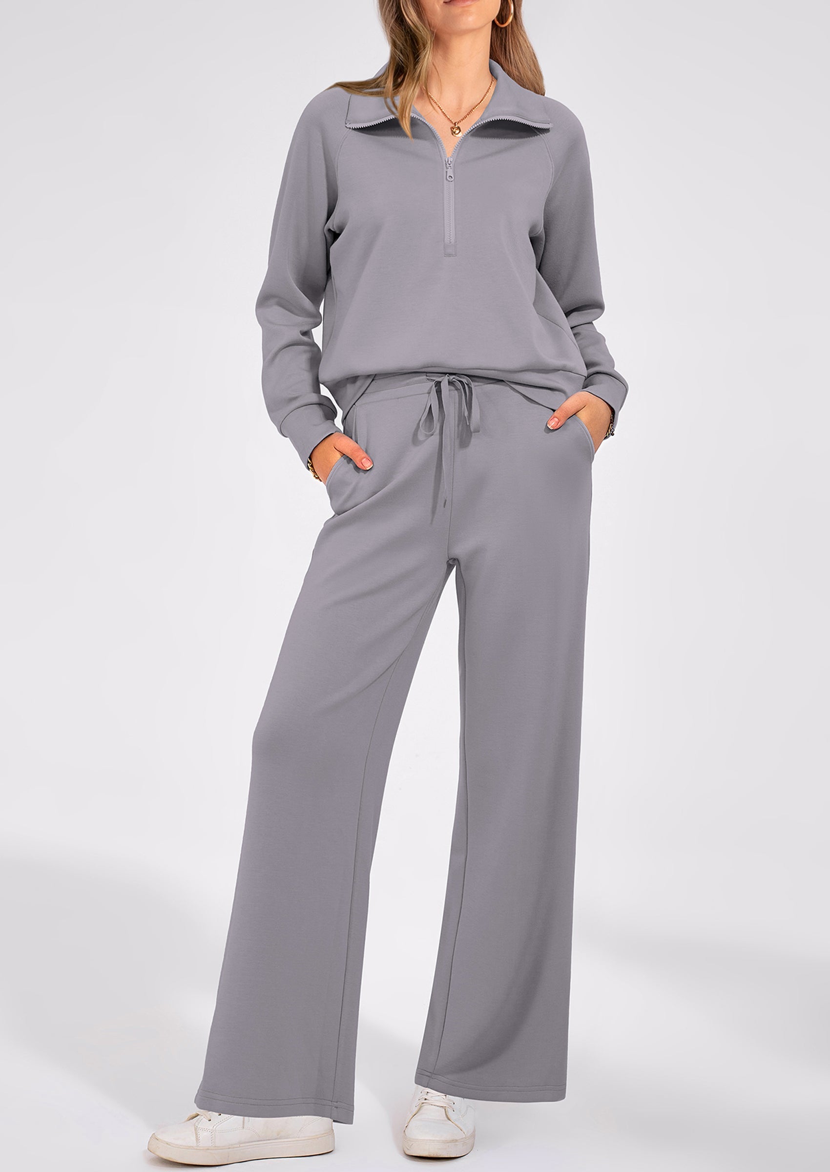 Women's 2 Piece Outfits Casual Lapel Half Zip Sweatshirts And Wide Leg Pants Tracksuit Sets