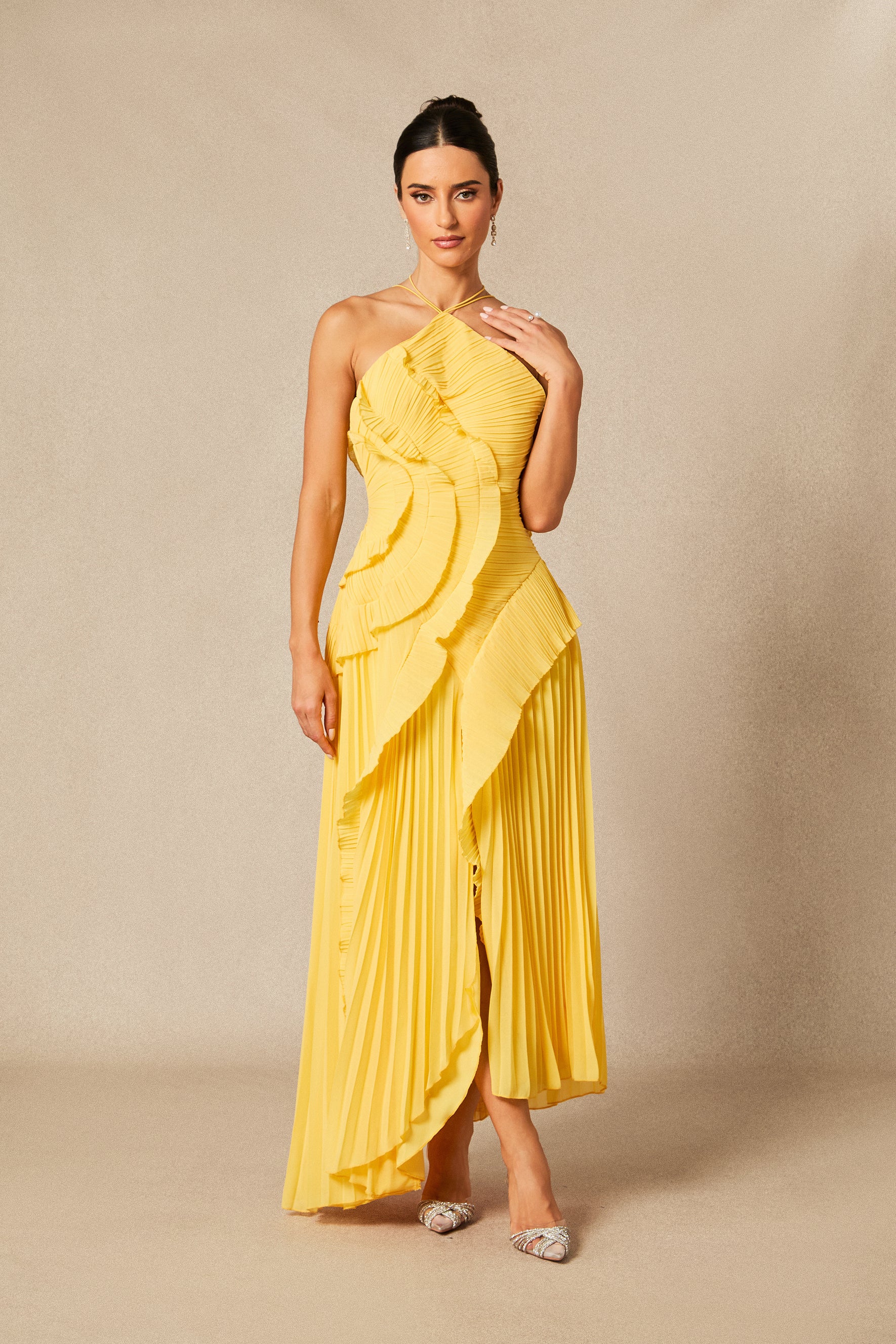 Nina Asymmetry Pleated Halterneck Midi Dress