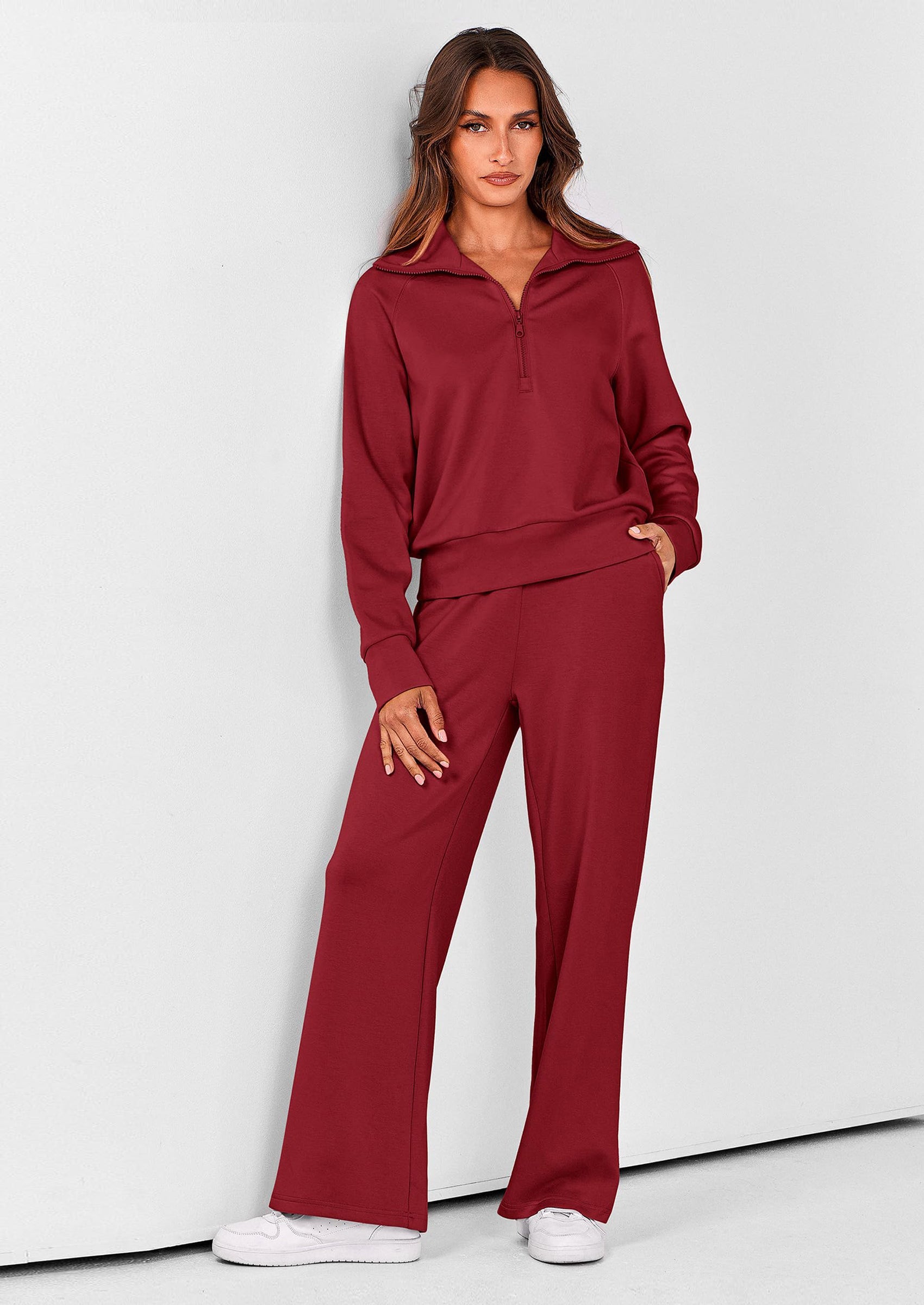 Women's 2 Piece Outfits Casual Lapel Half Zip Sweatshirts And Wide Leg Pants Tracksuit Sets