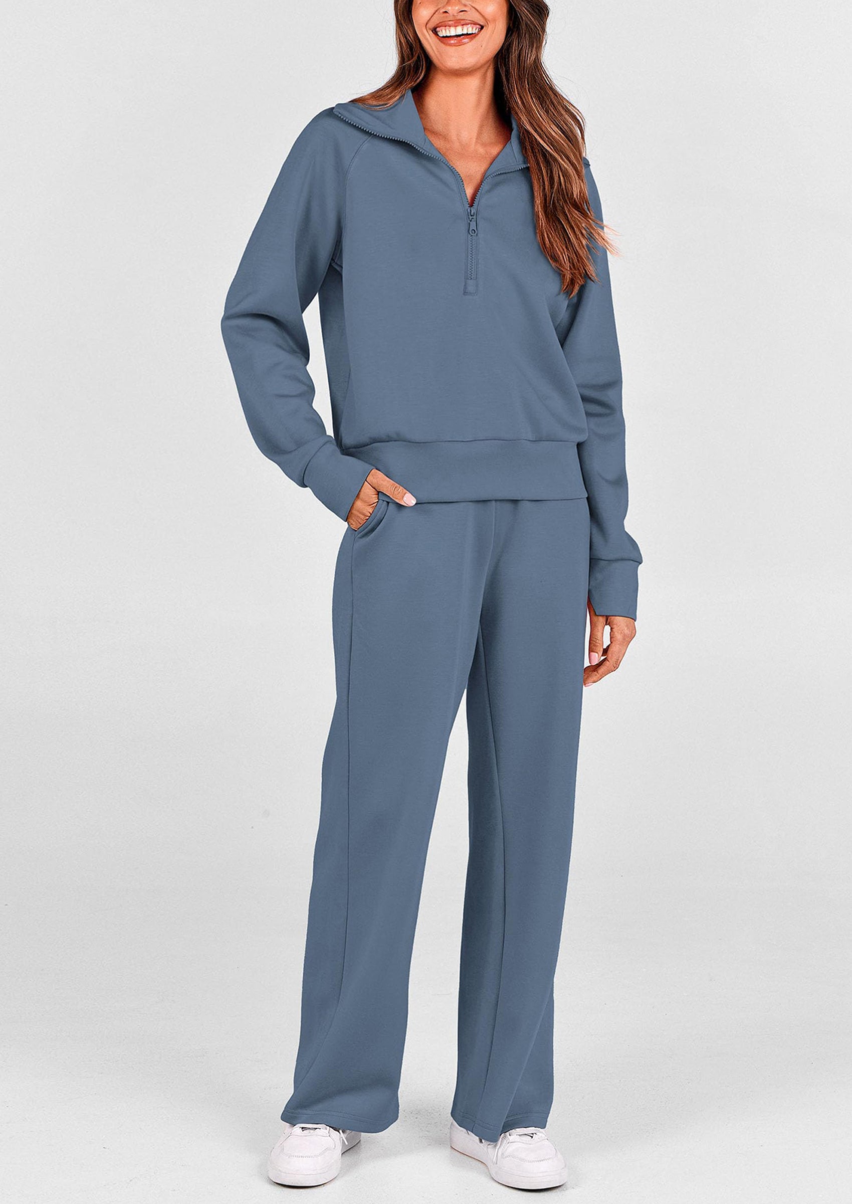 Women's 2 Piece Outfits Casual Lapel Half Zip Sweatshirts And Wide Leg Pants Tracksuit Sets