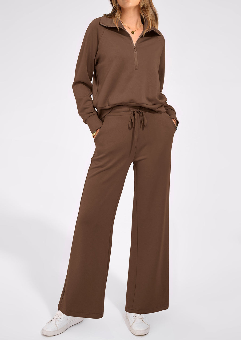 Women's 2 Piece Outfits Casual Lapel Half Zip Sweatshirts And Wide Leg Pants Tracksuit Sets