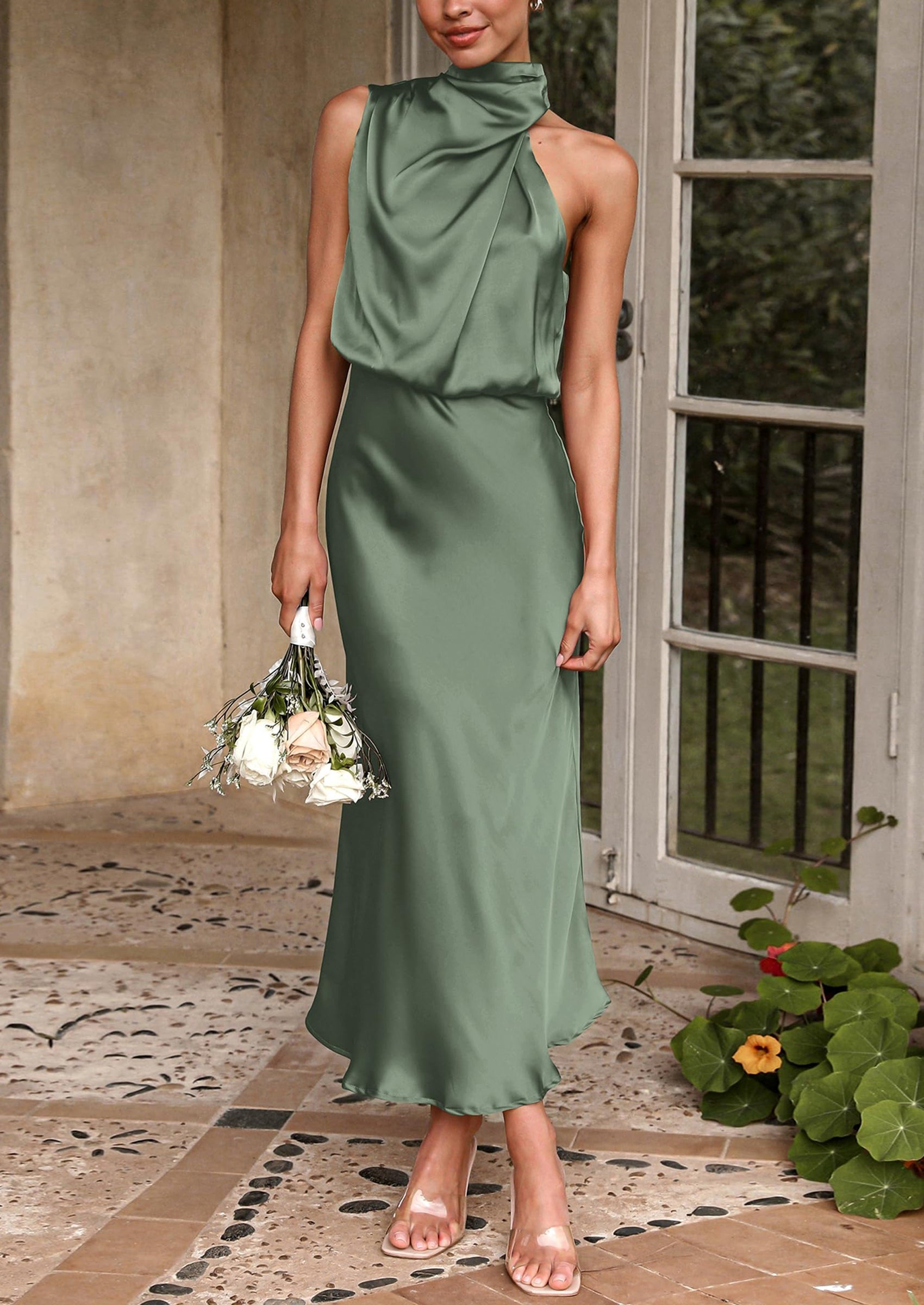 Women's Summer Satin Dress Elegant Sleeveless Mock Neck Cocktail Party Maxi Dresses