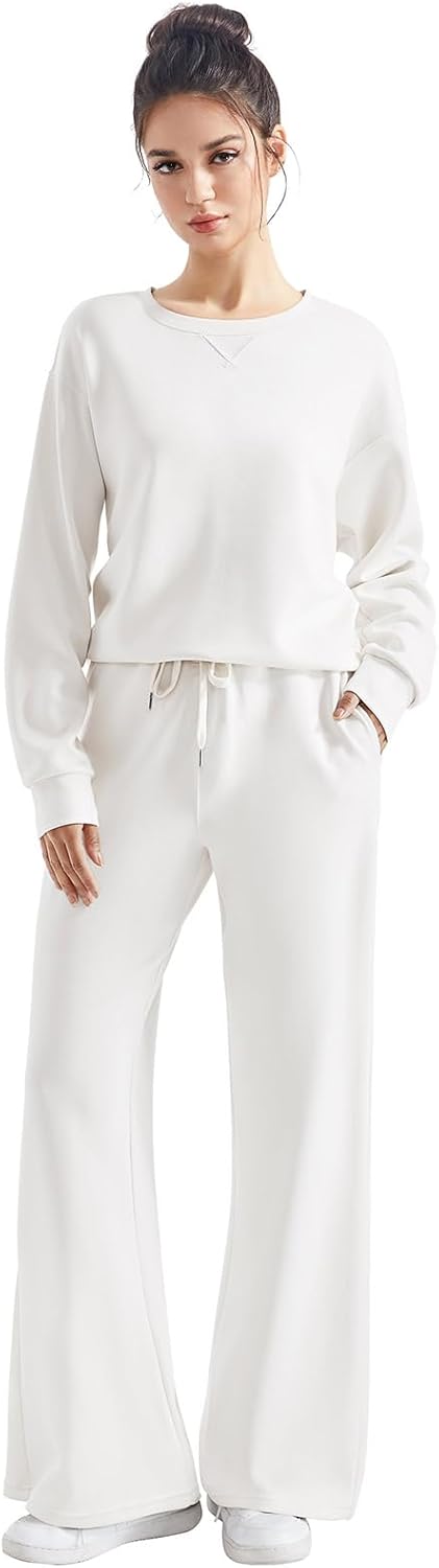 SUUKSESS Women Modal Fall 2 piece outfits Oversized Sweatshirt Wide Leg Pants