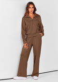 Women's 2 Piece Outfits Casual Lapel Half Zip Sweatshirts And Wide Leg Pants Tracksuit Sets