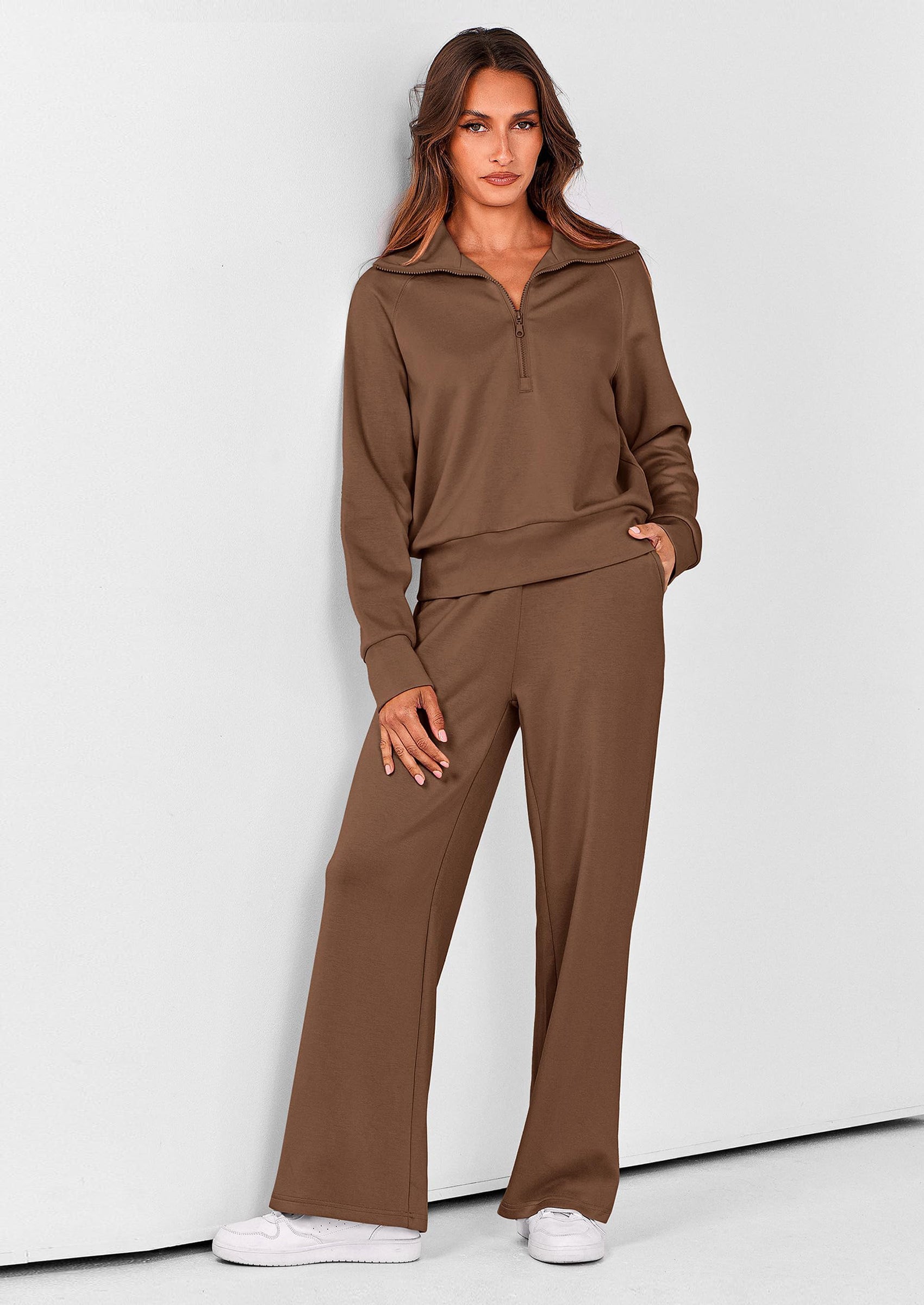 Women's 2 Piece Outfits Casual Lapel Half Zip Sweatshirts And Wide Leg Pants Tracksuit Sets