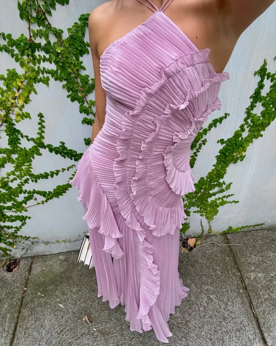 Pleated Ruffled Halter Backless A- Hem Chiffon Elegant Dress