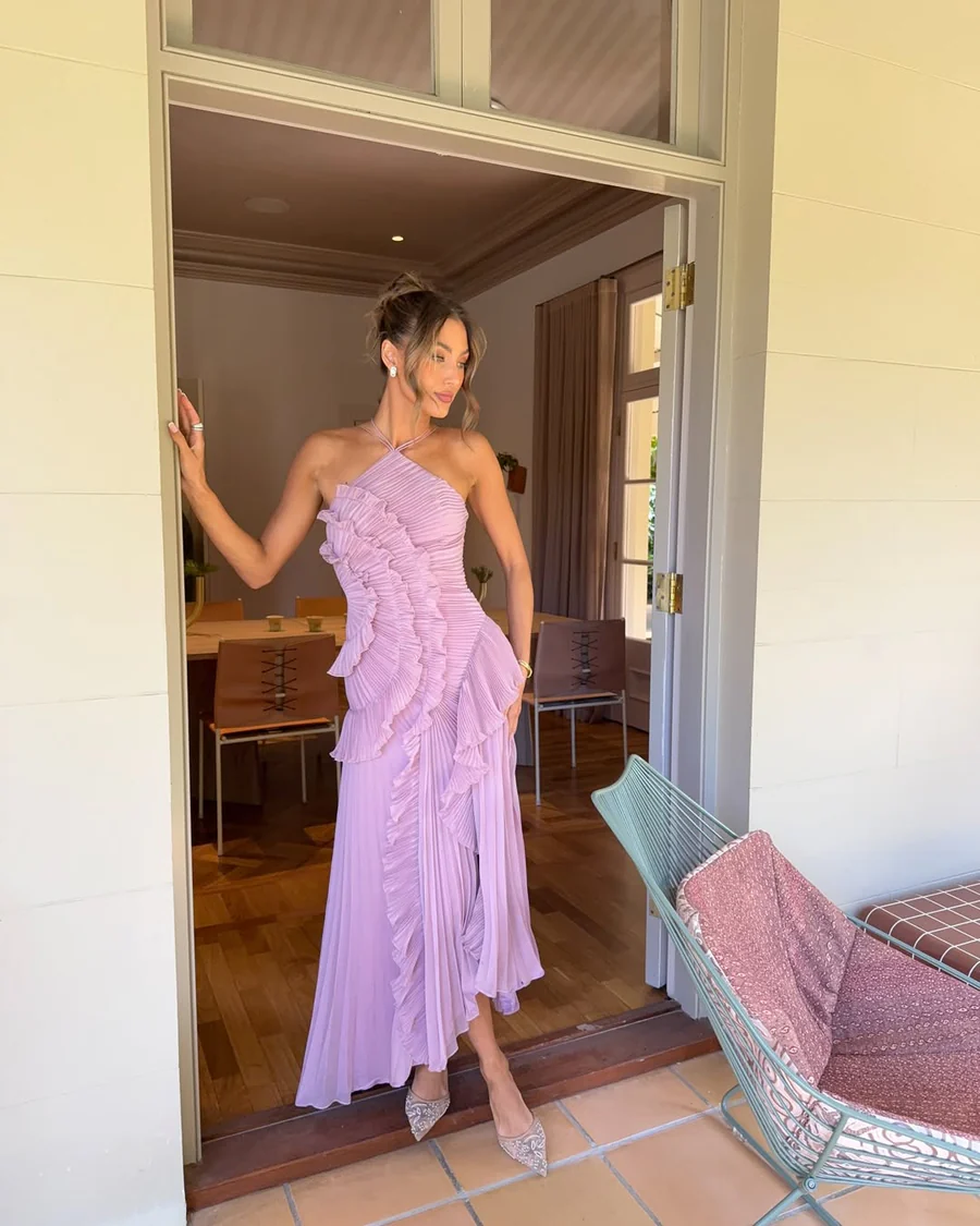 Pleated Ruffled Halter Backless A- Hem Chiffon Elegant Dress
