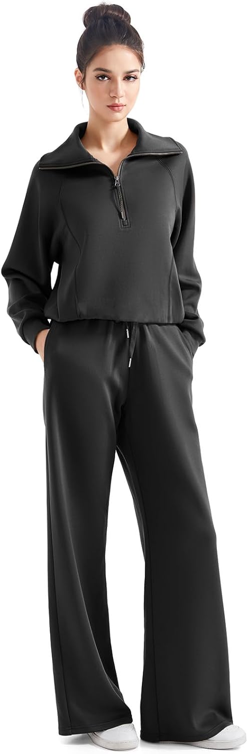 SUUKSESS Women 2 Piece Lounge Matching Set Wide Leg Sweatpant Half Zip Sweatshirt