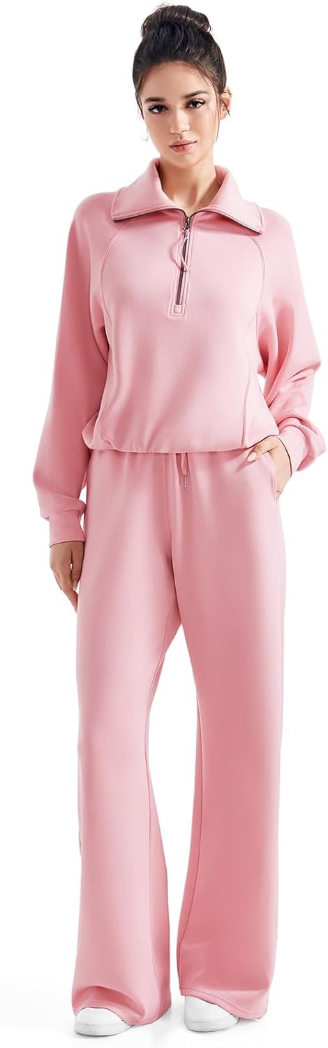 SUUKSESS Women 2 Piece Lounge Matching Set Wide Leg Sweatpant Half Zip Sweatshirt