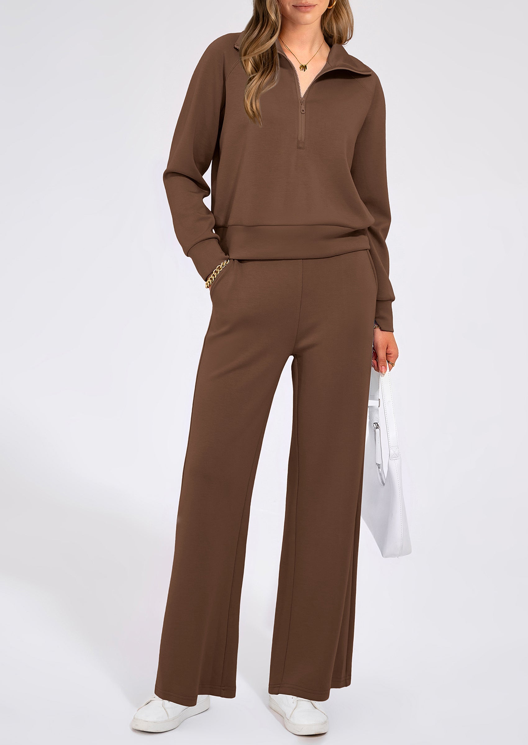 Women's 2 Piece Outfits Casual Lapel Half Zip Sweatshirts And Wide Leg Pants Tracksuit Sets