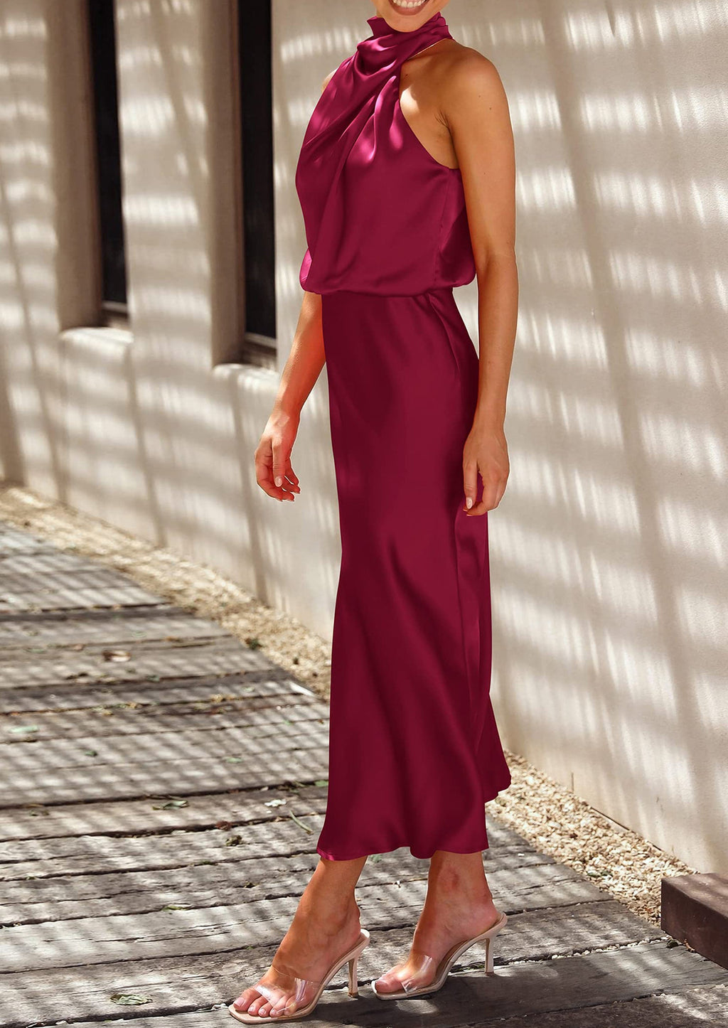 Women's Summer Satin Dress Elegant Sleeveless Mock Neck Cocktail Party Maxi Dresses