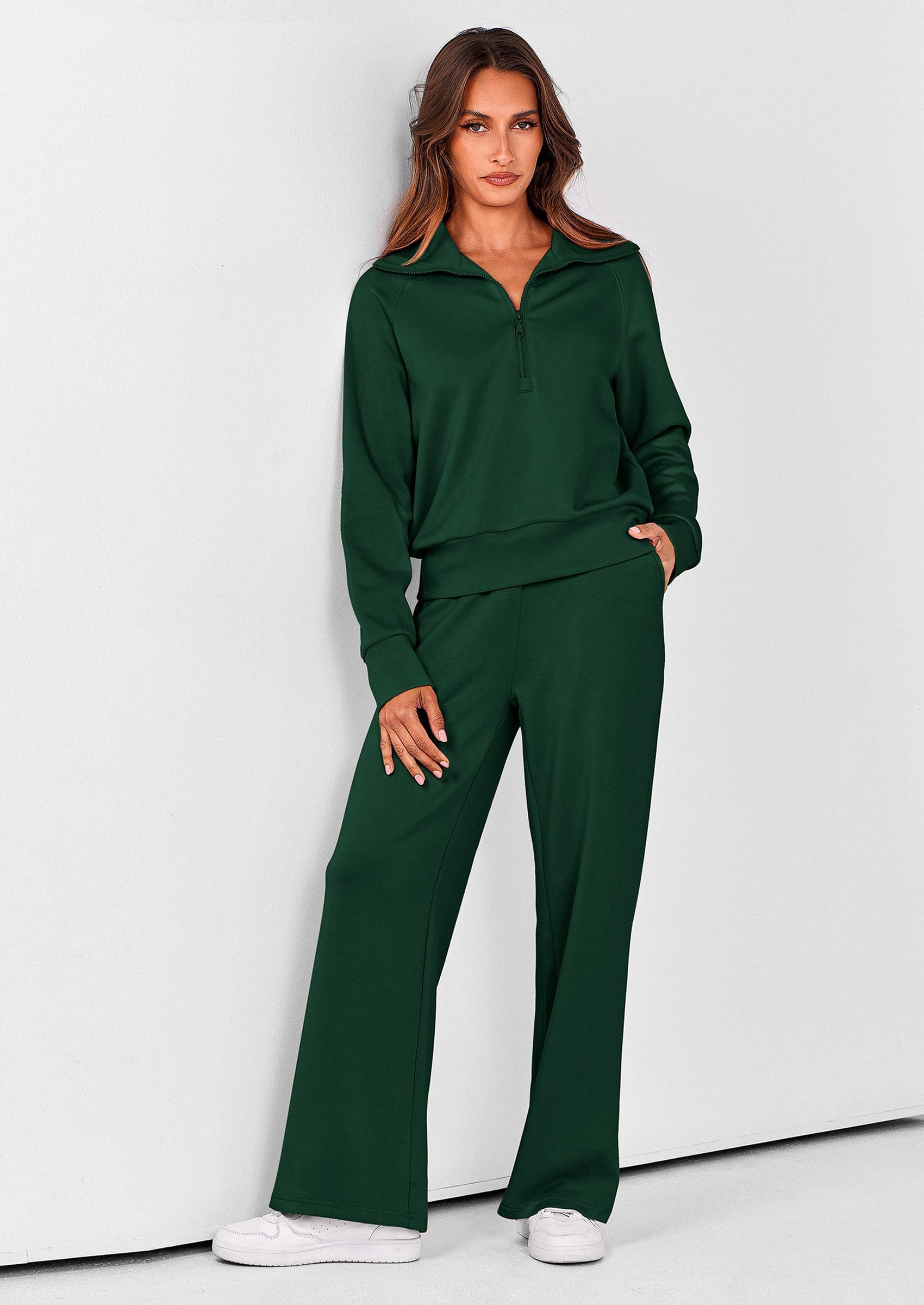 Women's 2 Piece Outfits Casual Lapel Half Zip Sweatshirts And Wide Leg Pants Tracksuit Sets