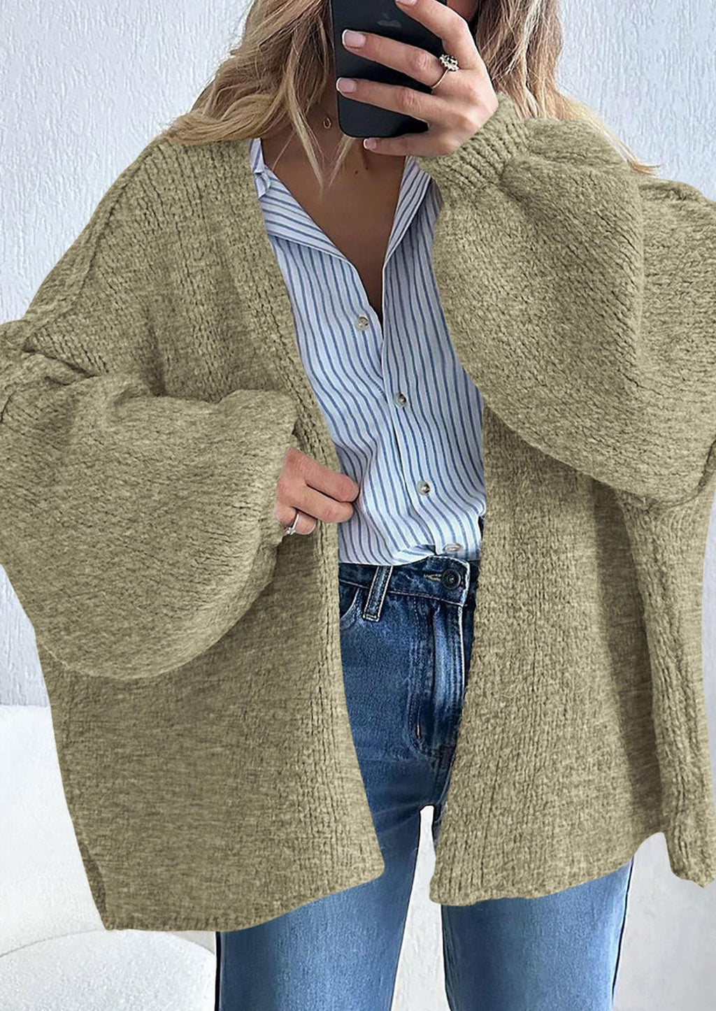 Womens Oversized Cardigan Sweaters Fall Long Lantern Sleeve Knit Open Front Lightweight Sweater