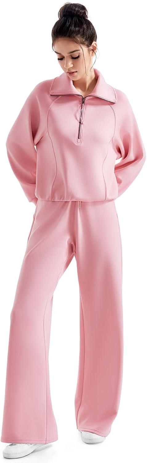 SUUKSESS Women 2 Piece Lounge Matching Set Wide Leg Sweatpant Half Zip Sweatshirt