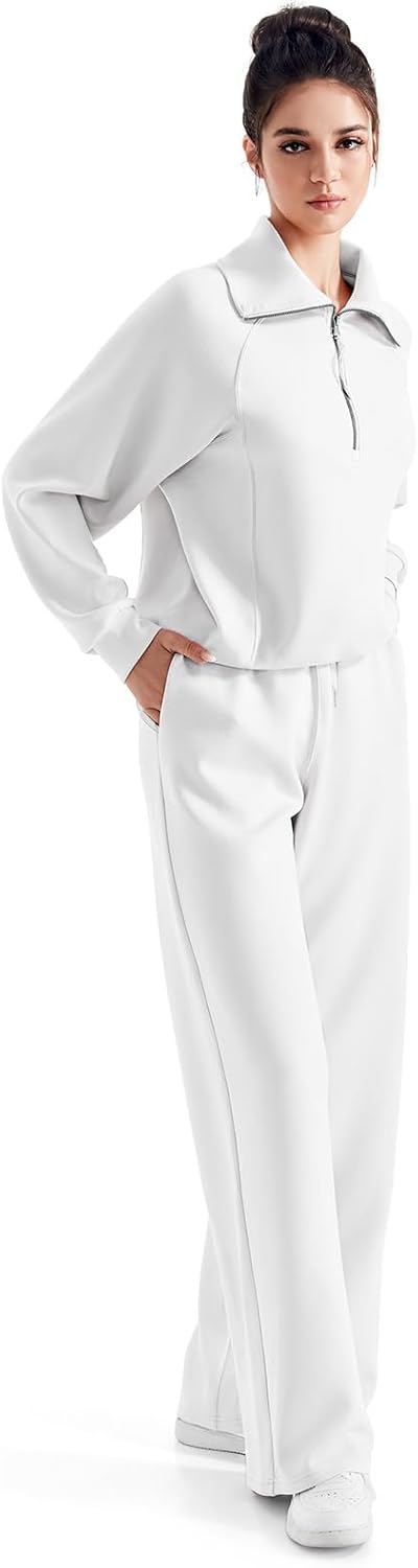 SUUKSESS Women 2 Piece Lounge Matching Set Wide Leg Sweatpant Half Zip Sweatshirt