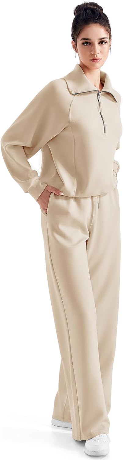 SUUKSESS Women 2 Piece Lounge Matching Set Wide Leg Sweatpant Half Zip Sweatshirt