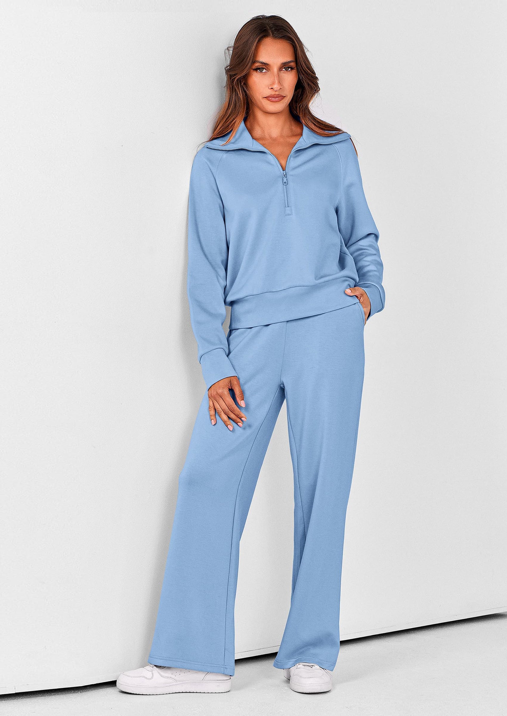 Women's 2 Piece Outfits Casual Lapel Half Zip Sweatshirts And Wide Leg Pants Tracksuit Sets