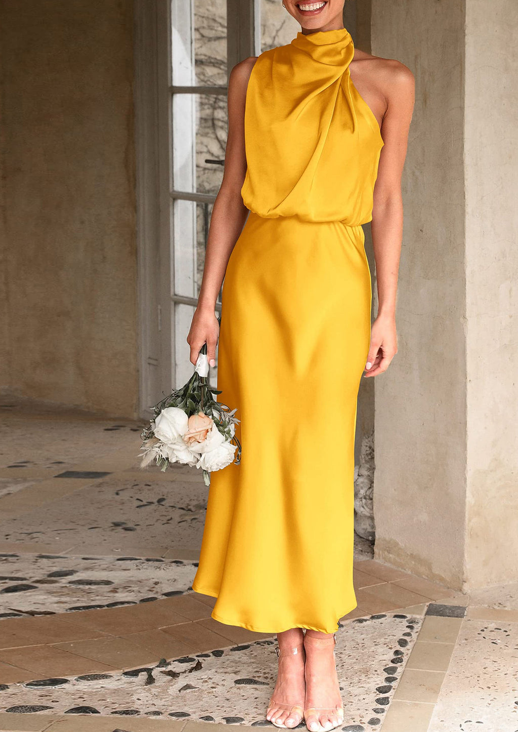 Women's Summer Satin Dress Elegant Sleeveless Mock Neck Cocktail Party Maxi Dresses