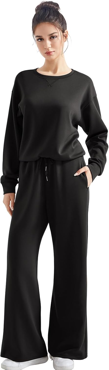 SUUKSESS Women Modal Fall 2 piece outfits Oversized Sweatshirt Wide Leg Pants