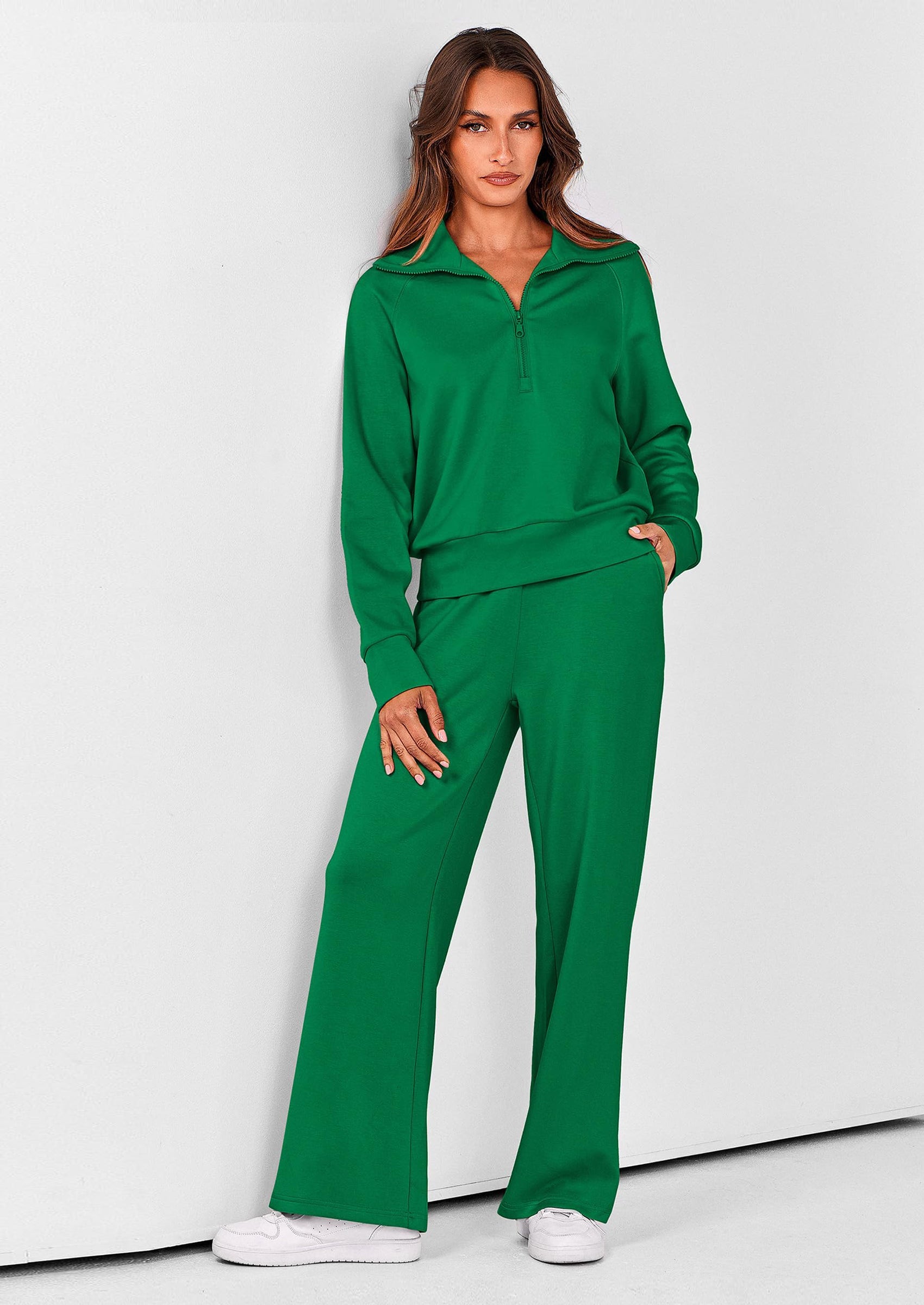 Women's 2 Piece Outfits Casual Lapel Half Zip Sweatshirts And Wide Leg Pants Tracksuit Sets