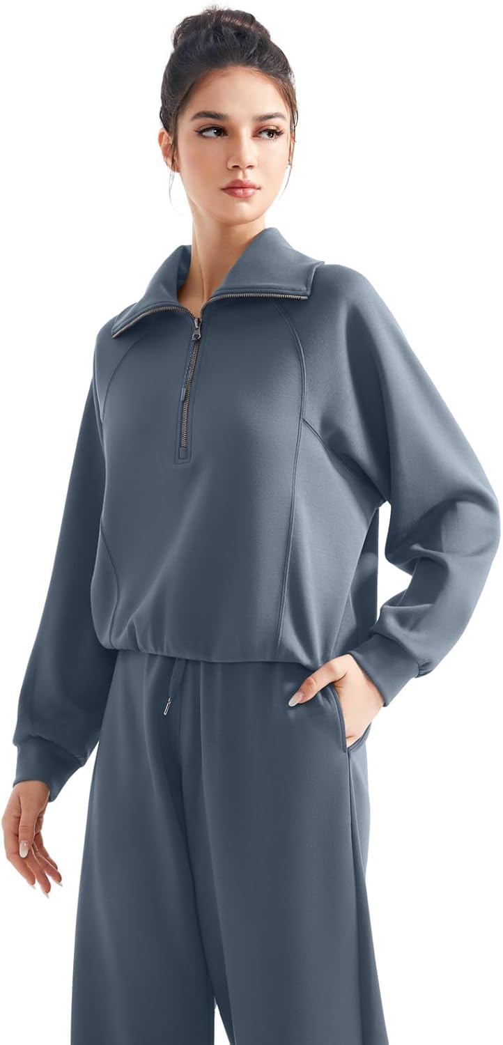 SUUKSESS Women 2 Piece Lounge Matching Set Wide Leg Sweatpant Half Zip Sweatshirt