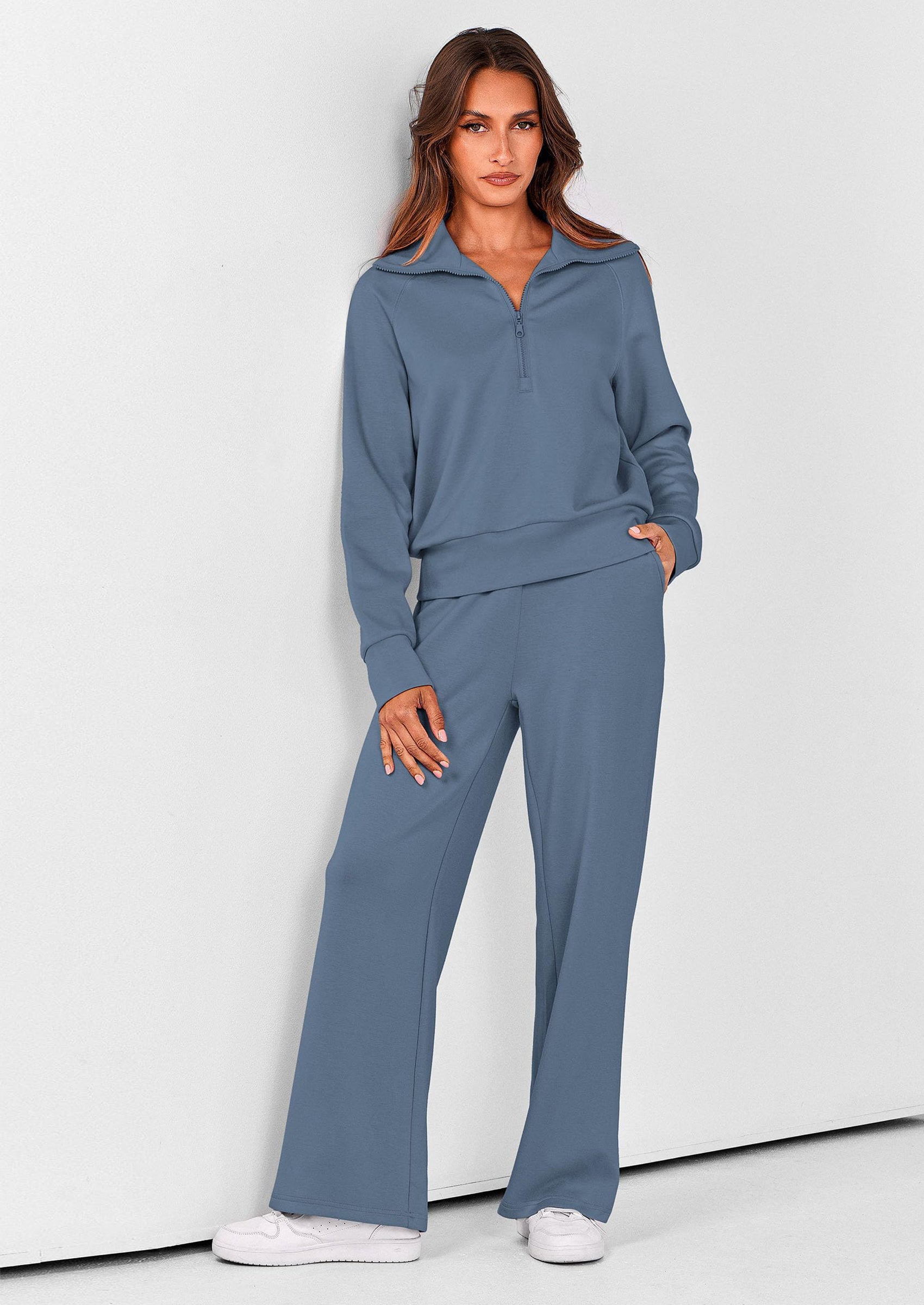 Women's 2 Piece Outfits Casual Lapel Half Zip Sweatshirts And Wide Leg Pants Tracksuit Sets