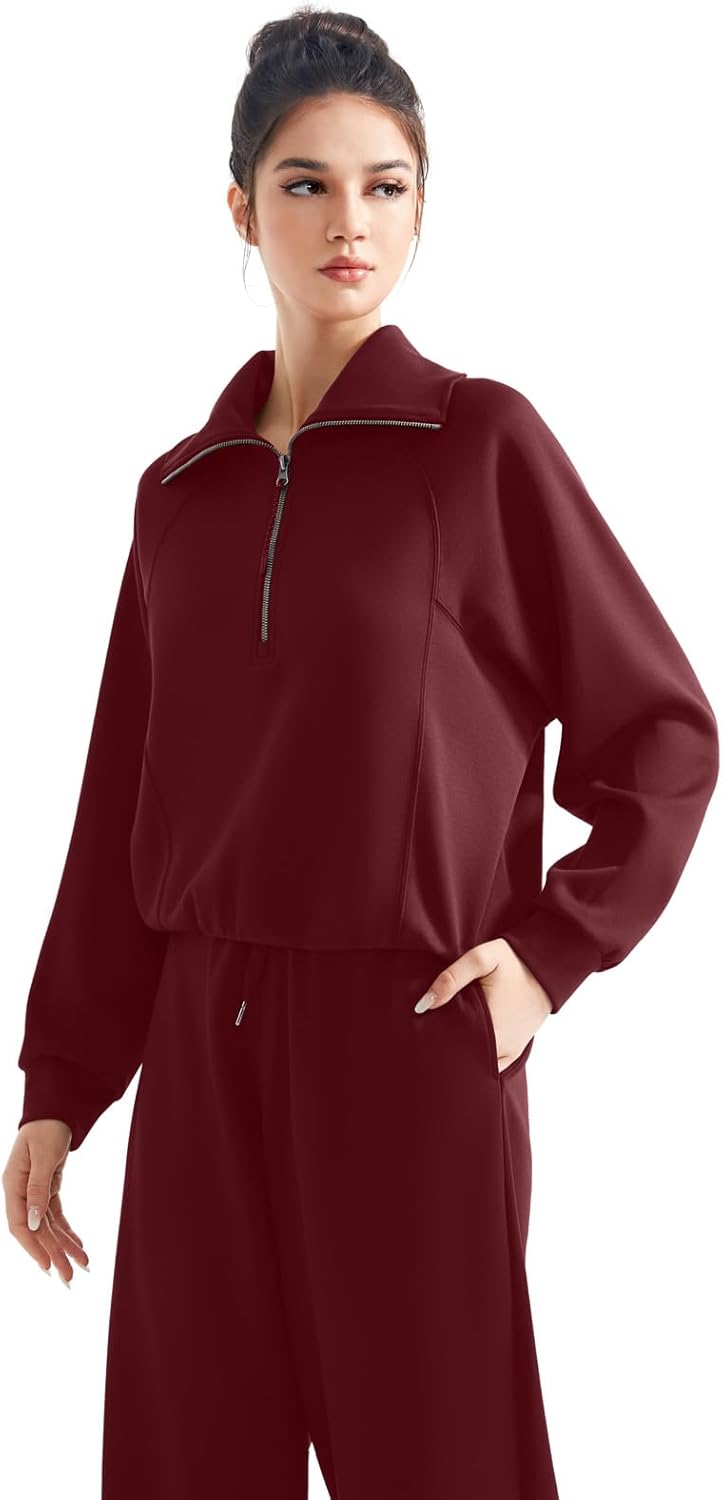 SUUKSESS Women 2 Piece Lounge Matching Set Wide Leg Sweatpant Half Zip Sweatshirt