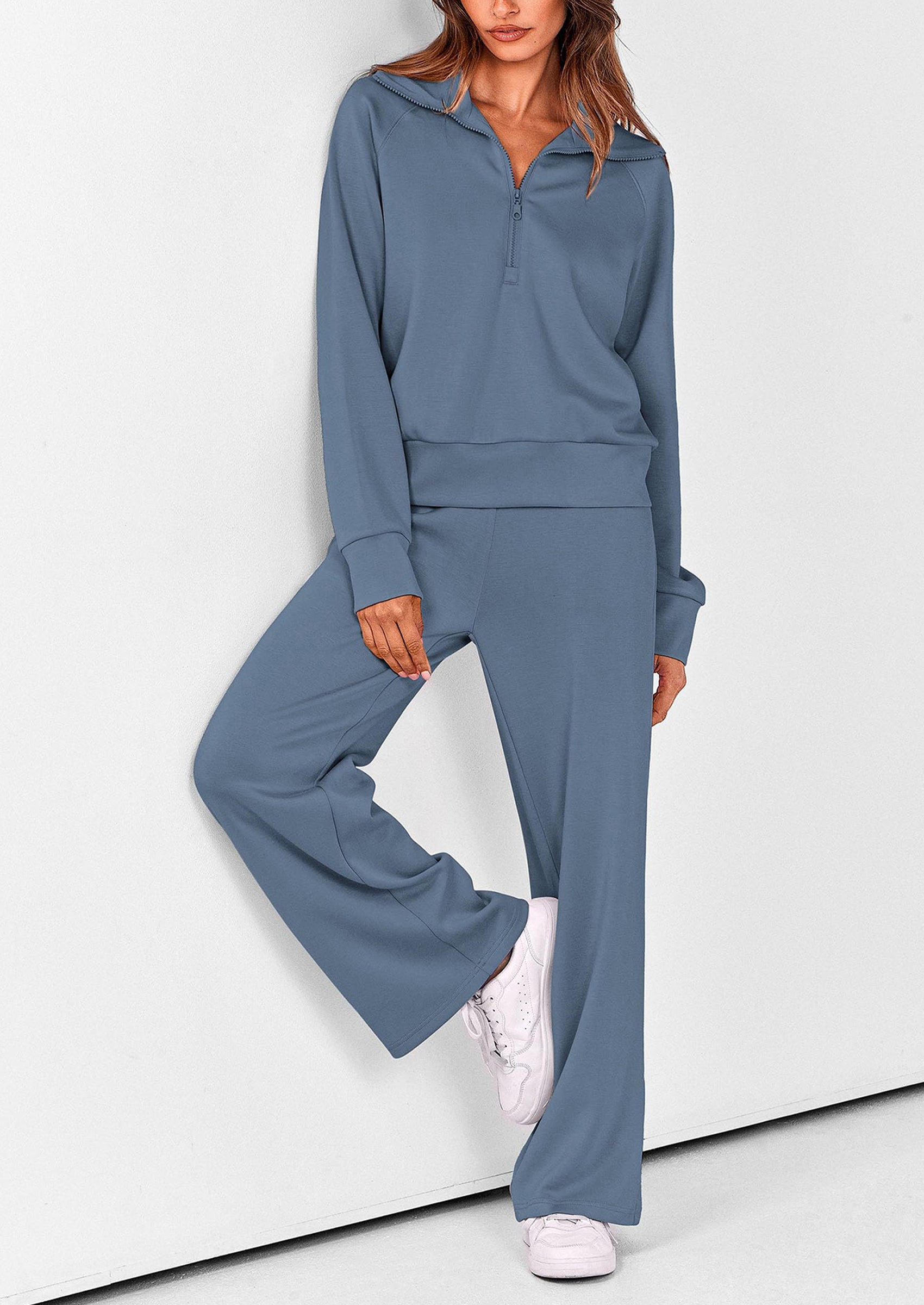 Women's 2 Piece Outfits Casual Lapel Half Zip Sweatshirts And Wide Leg Pants Tracksuit Sets