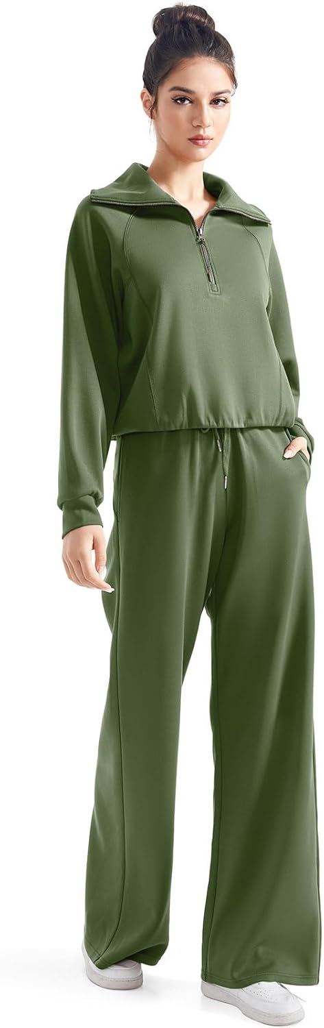 SUUKSESS Women 2 Piece Lounge Matching Set Wide Leg Sweatpant Half Zip Sweatshirt