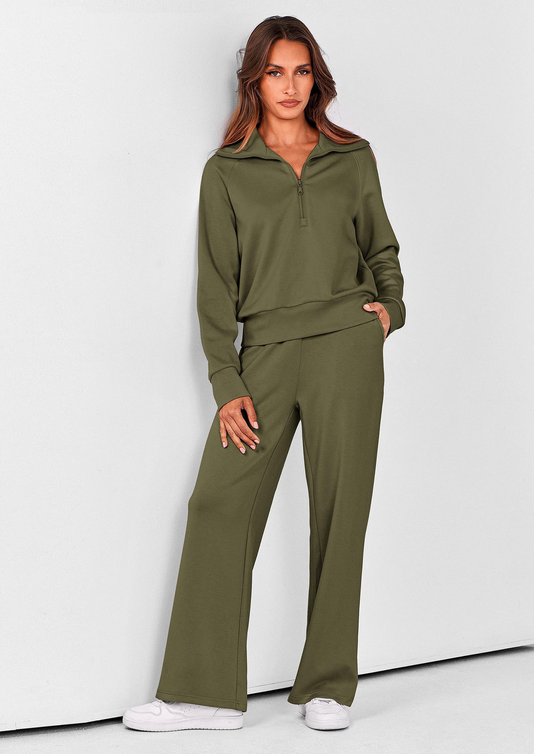 Women's 2 Piece Outfits Casual Lapel Half Zip Sweatshirts And Wide Leg Pants Tracksuit Sets