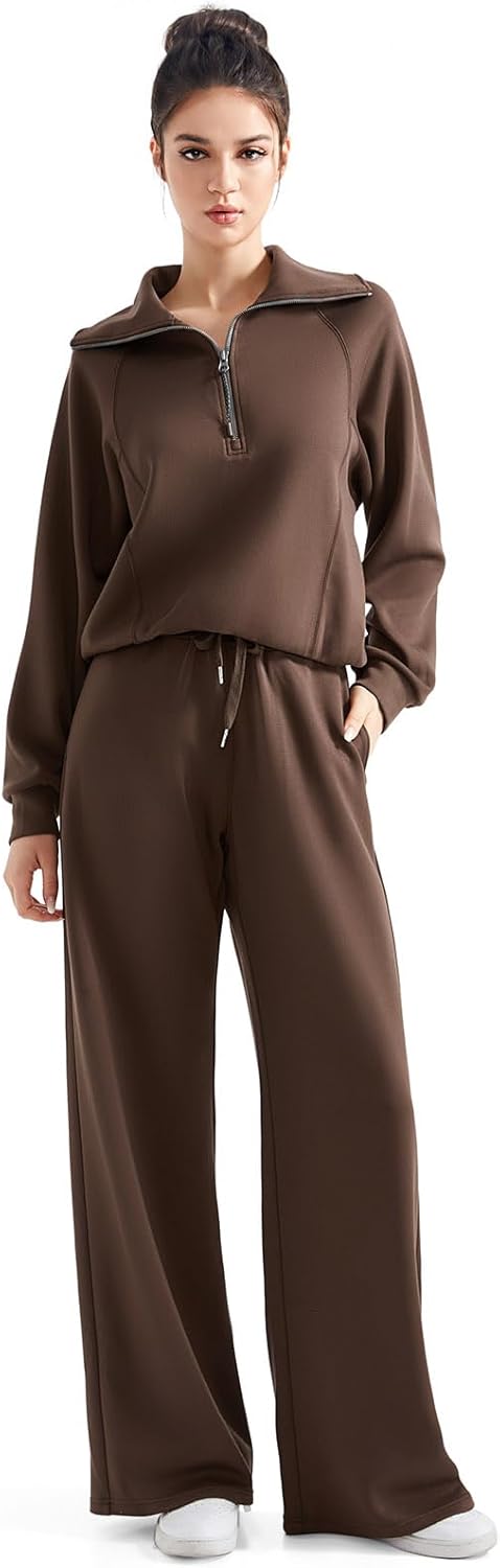 SUUKSESS Women 2 Piece Lounge Matching Set Wide Leg Sweatpant Half Zip Sweatshirt