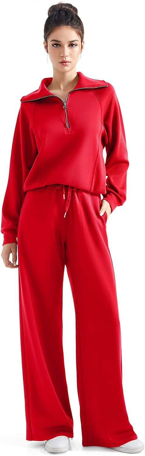 SUUKSESS Women 2 Piece Lounge Matching Set Wide Leg Sweatpant Half Zip Sweatshirt