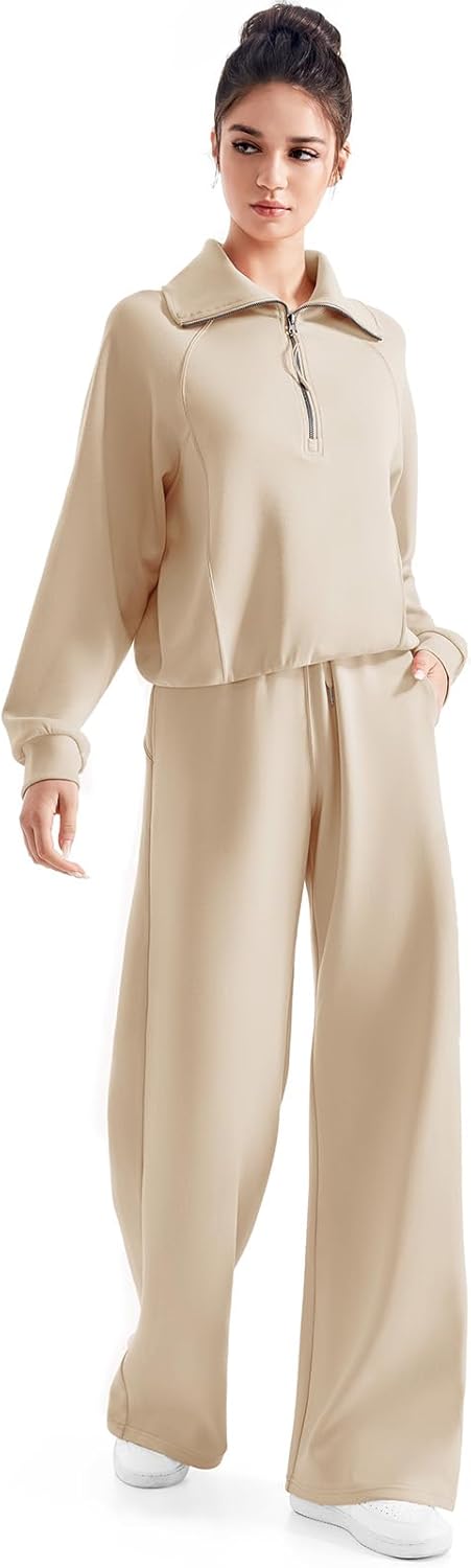 SUUKSESS Women 2 Piece Lounge Matching Set Wide Leg Sweatpant Half Zip Sweatshirt