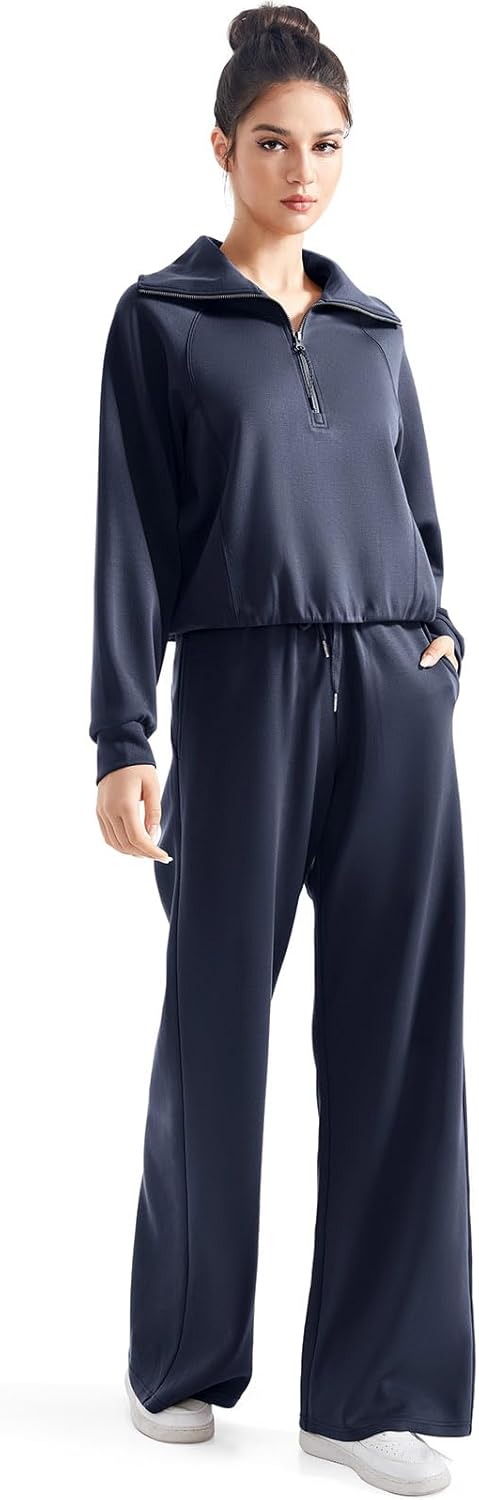SUUKSESS Women 2 Piece Lounge Matching Set Wide Leg Sweatpant Half Zip Sweatshirt