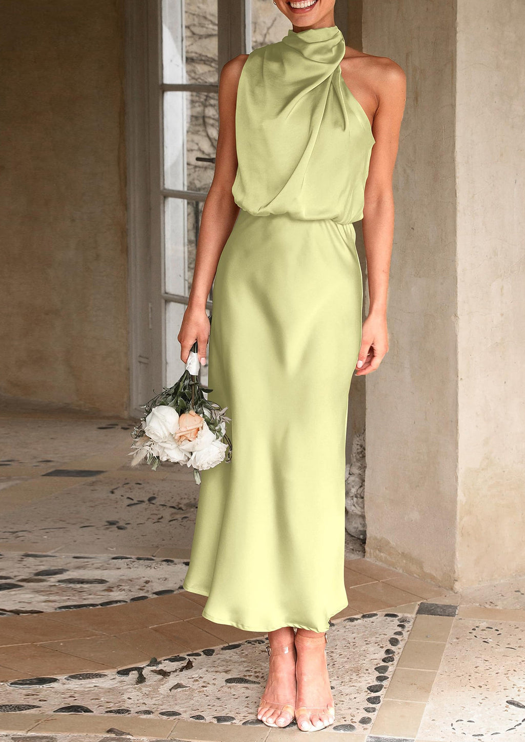 Women's Summer Satin Dress Elegant Sleeveless Mock Neck Cocktail Party Maxi Dresses