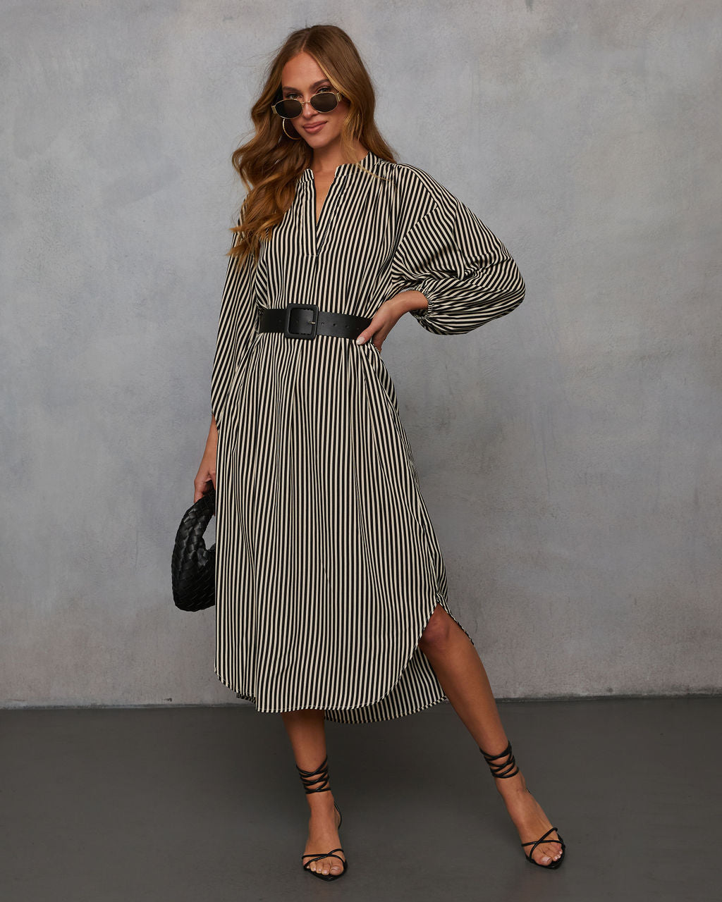 Dimarco Striped Pocketed Belted Midi Dress