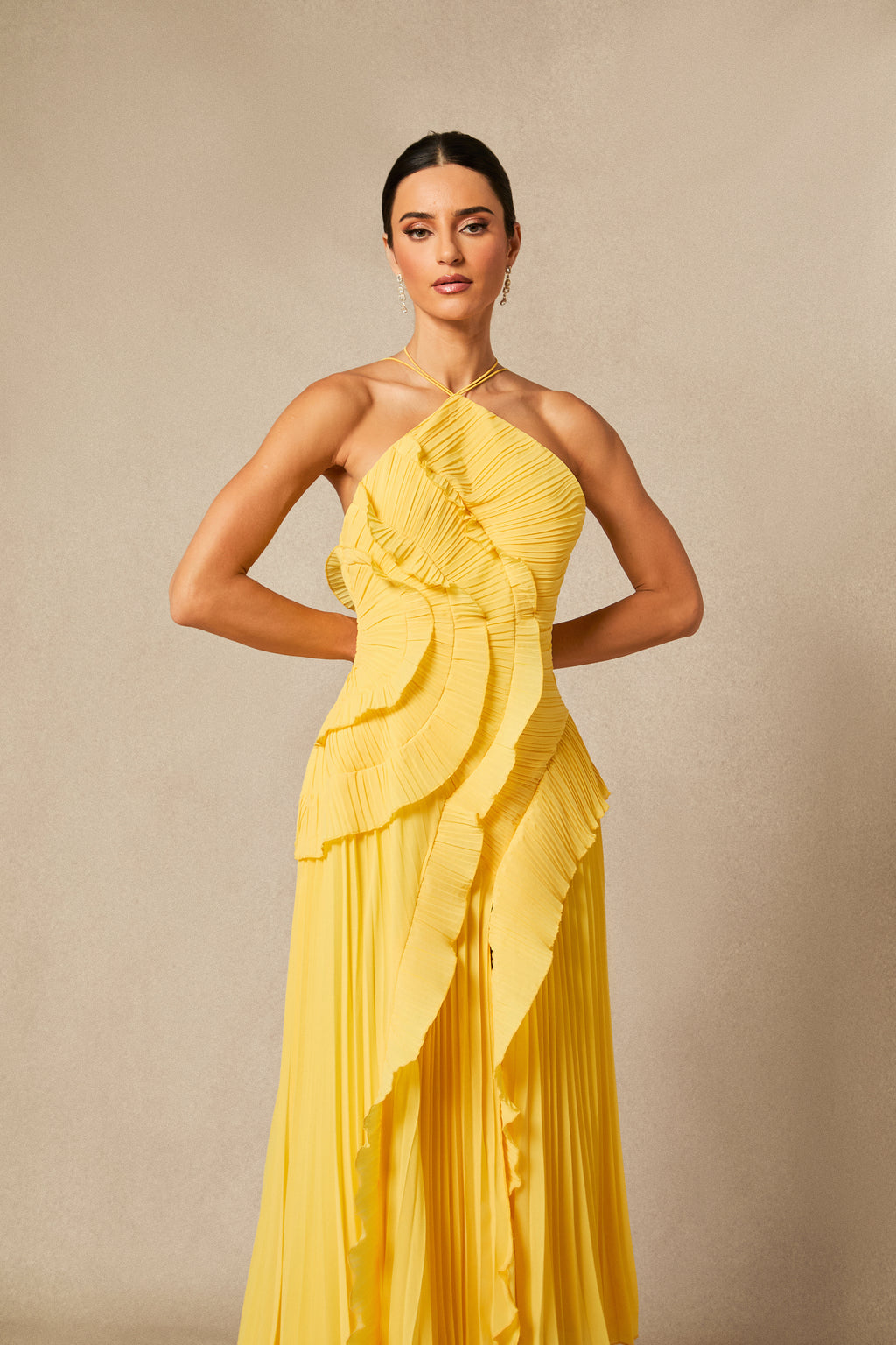 Nina Asymmetry Pleated Halterneck Midi Dress